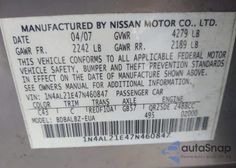 2007 Nissan Altima 2.5 S z USA, uszkodzony, nr VIN 1N4AL21E47N460847
